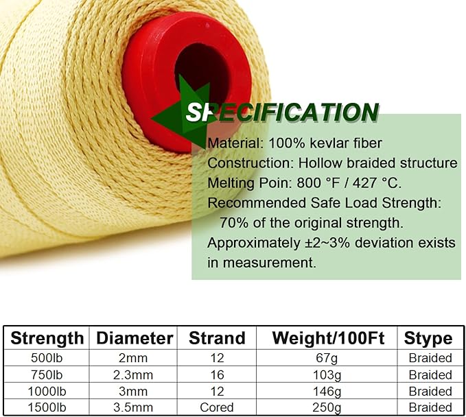 9KM DWLIFE Braided Kevlar Cord, 100lb~2000lb, High Tensile Strength, Abrasion, Flame Retardant, Kite String, Fishing Line, Model Rocket Shock, Tactical Survival Paracord