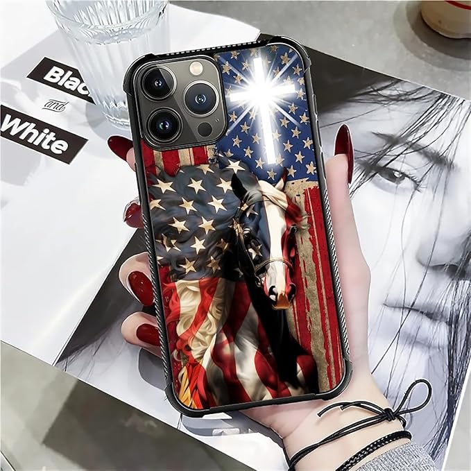 for iPhone 16 Pro Max Case, Red American Flag Horse Cross Pattern Graphic Design Girl Boy Soft Silicone Hard Acrylic Shock Protection for iPhone 16 Pro Max