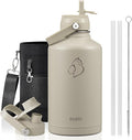 BUZIO 64oz Insulated Water Bottle, Half gallon Stainless Steel Jug (Cold for 48 Hrs), Triple Wall Vacuum Large Metal Flask with Leakproof Straw Lid and Carry Sleeve, Greige