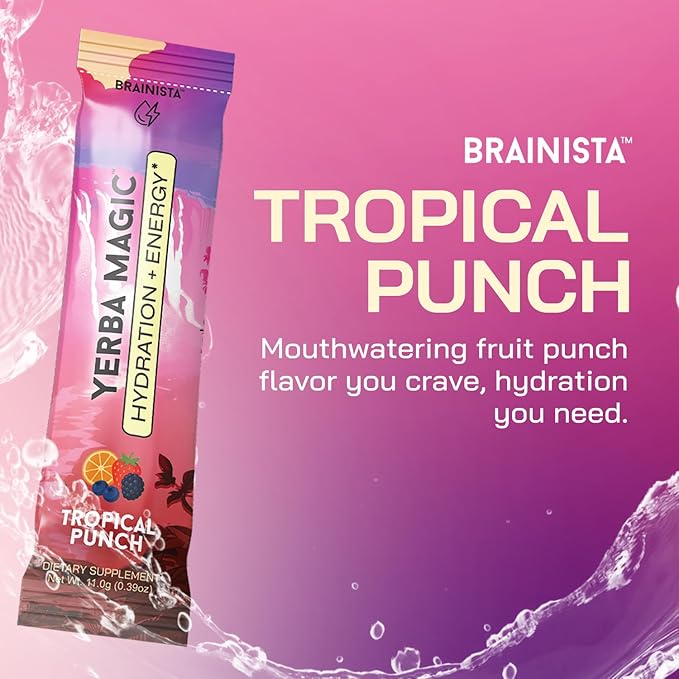 Yerba Magic Hydration + Energy - Tropical Punch with Electrolytes, Yerba Mate Caffeine, Amino Acids, Sea Moss & Coconut Water for Hydration, Muscle Recovery & Clean Energy - Zero Sugar (20 Stick Packs)