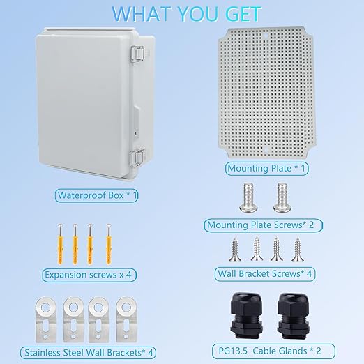 IP67 Waterproof Junction Box, ABS Plastic Electrical Enclosure with Stainless Steel Latch, Hinged Cover Electric Box with Mounting Plate, Wall Brackets & Cable Glands 220x170x110mm