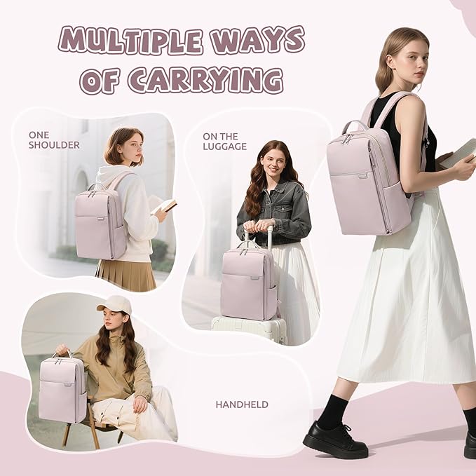 Laptop Backpack for Women, Work Business Traval Computer Backpacks with Laptop Compartment Waterproof Casual Daypack for Travel College,16Inch,Pinkish Grey