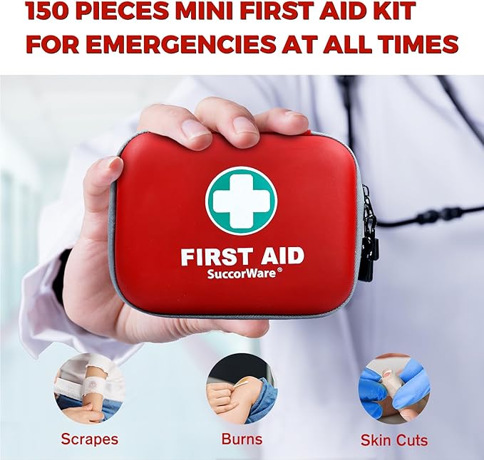 SuccorWare 150 Pieces Mini First Aid Kit - Small Medical Kit with Hard Shell - Emergency First Aid Kit for Car, Travel, Home, Outdoor, Office, Camping, Hiking (Red)