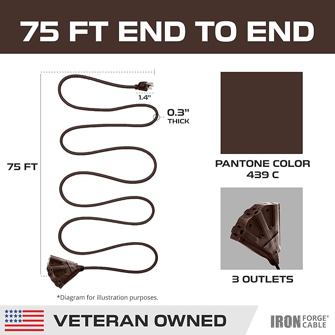 Iron Forge Cable 75ft Brown Outdoor Extension Cord with 3 Outlets - 16/3 SJTW 75ft Extension Cord 3 Prong, 10 Amp All-Weather Heavy Duty Power Cable