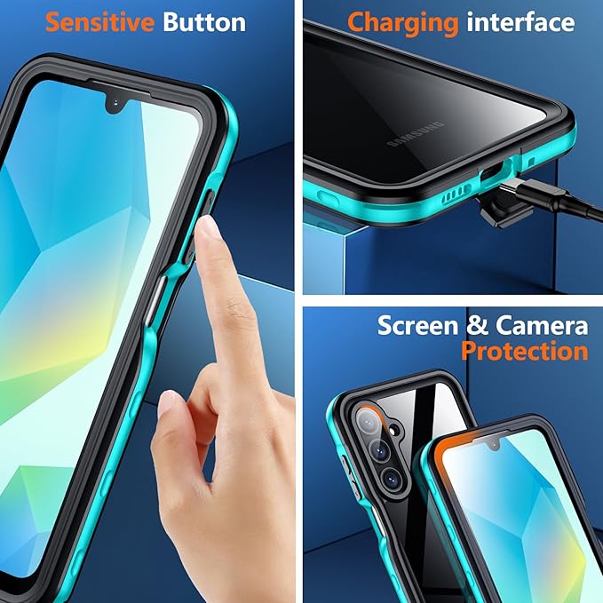 SPIDERCASE for Samsung Galaxy A16 5G Case Waterproof,Built-in Screen & Camera Lens Protector [IP68 Underwater][12FT Military Shockproof] Full Body Protection Cell Phone Sleeves,Teal/Clear
