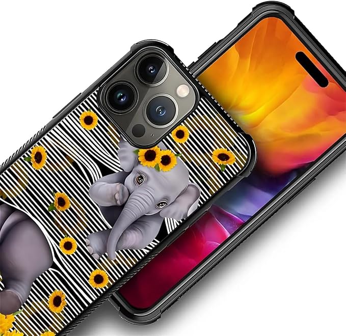 for iPhone 15 Pro Max Case, Cute Little Elephant Sunflower White Line Art Pattern Graphic Design Girl Boy Soft Silicone Hard Acrylic Shock Protection for iPhone 15 Pro Max