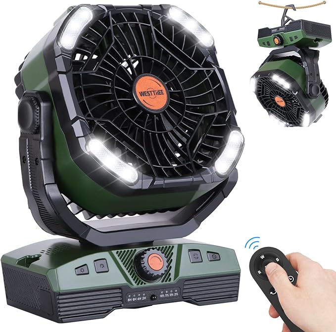 WESTTREE Camping Fan 20000mAh Rechargeable Battery Operated fan Outdoor Tent Fan with Light & Hook, knob Speeds, Personal USB Desk Fan for Camping, Power Outage Jobsite Green X68