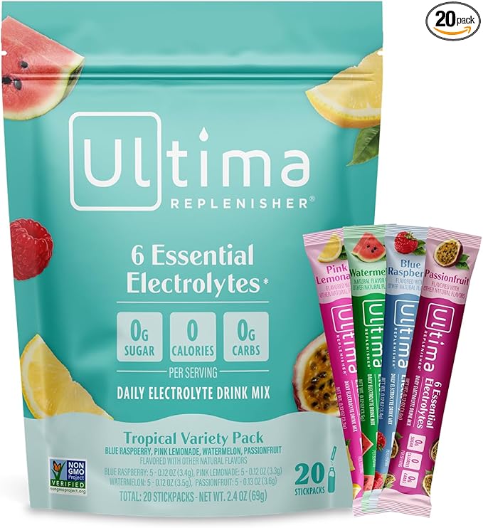 Ultima Replenisher Daily Electrolyte Powder – Tropical Variety Pack, 20 Stickpacks – Zero Sugar Hydration Packets with 6 Electrolytes and Minerals – Sugar Free, Plant Based & Keto Friendly Drink Mix