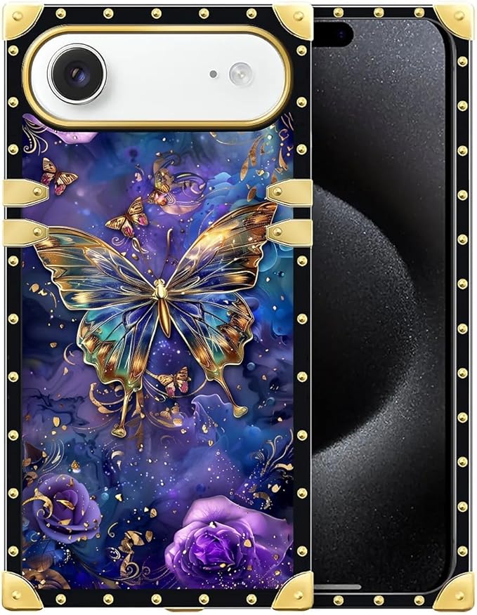 for iPhone 17 Air Case Luxury Golden Decoration for Girl Women Soft TPU Shockproof Protective Hard PC Back for iPhone 17 Air Crazy Pattern Glistening Golden Butterfly Vibrant Purple Blue