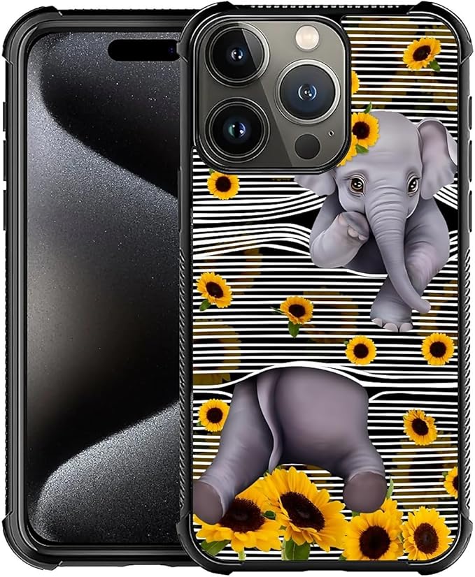 for iPhone 16 Pro Case, Cute Little Elephant Sunflower White Line Art Pattern Graphic Design Girl Boy Soft Silicone Hard Acrylic Shock Protection for iPhone 16 Pro