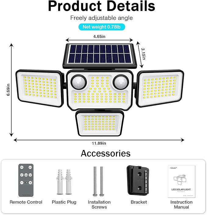 4500LM Solar Lights Outdoor Waterproof, 254 LED Solar Flood Lights Outdoor with 2 Motion Sensor, 4 Heads Security Light with Remote Control for Yard Outside House Garage 3 Pack