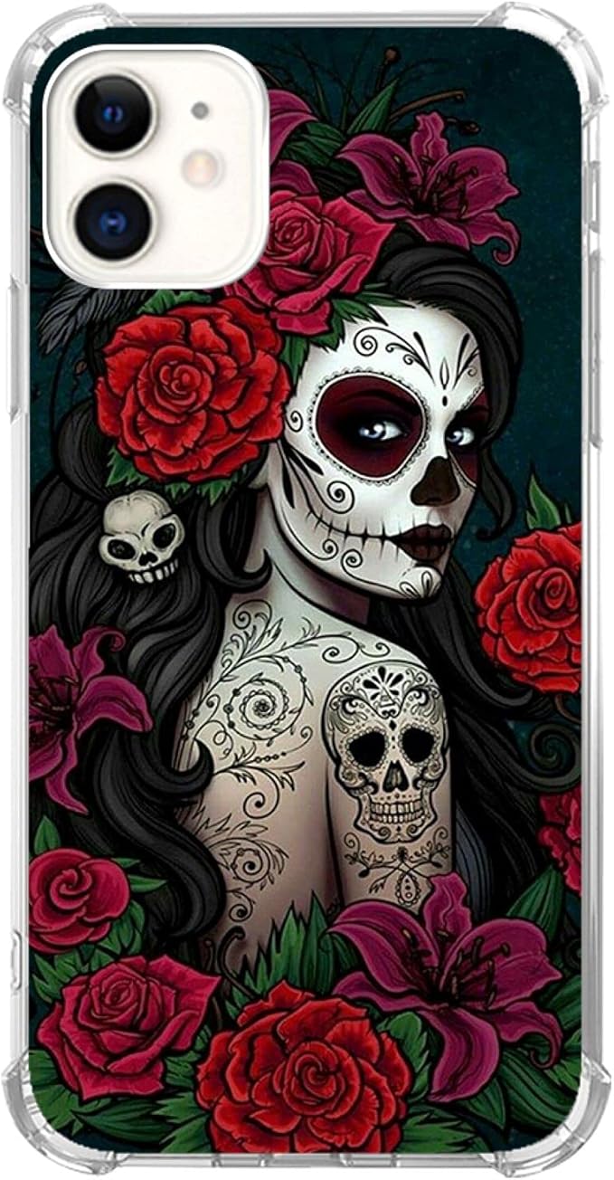 Sugar Skull Girl Case for iPhone 11,Skull and Flowers Pattern Unique Design Slim Shockproof TPU Bumper Protective Cover Case for iPhone 11