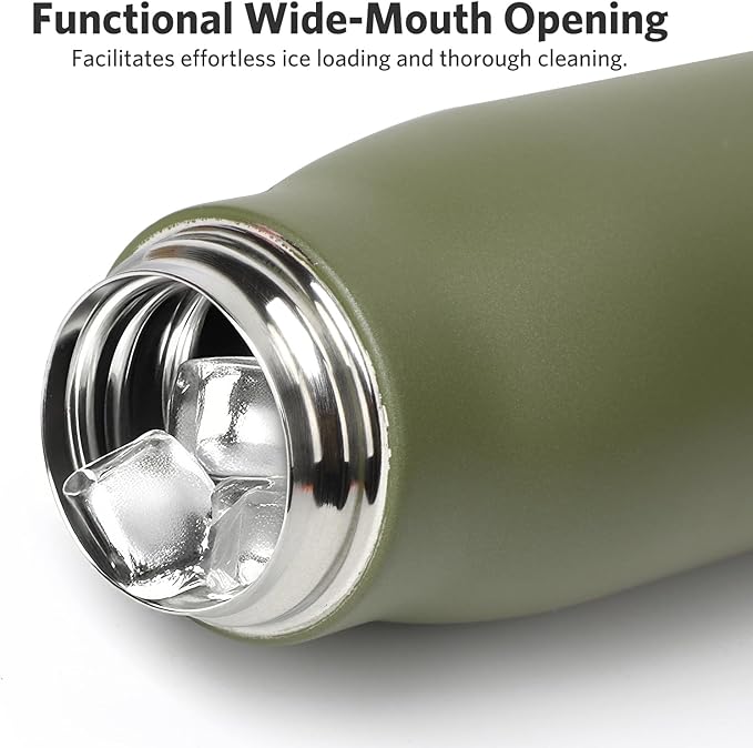 Small Water Bottle 12 oz, Dusgut Insulated Water Bottle, Stainless Steel, Wide Mouth Portable Lid, Army Green