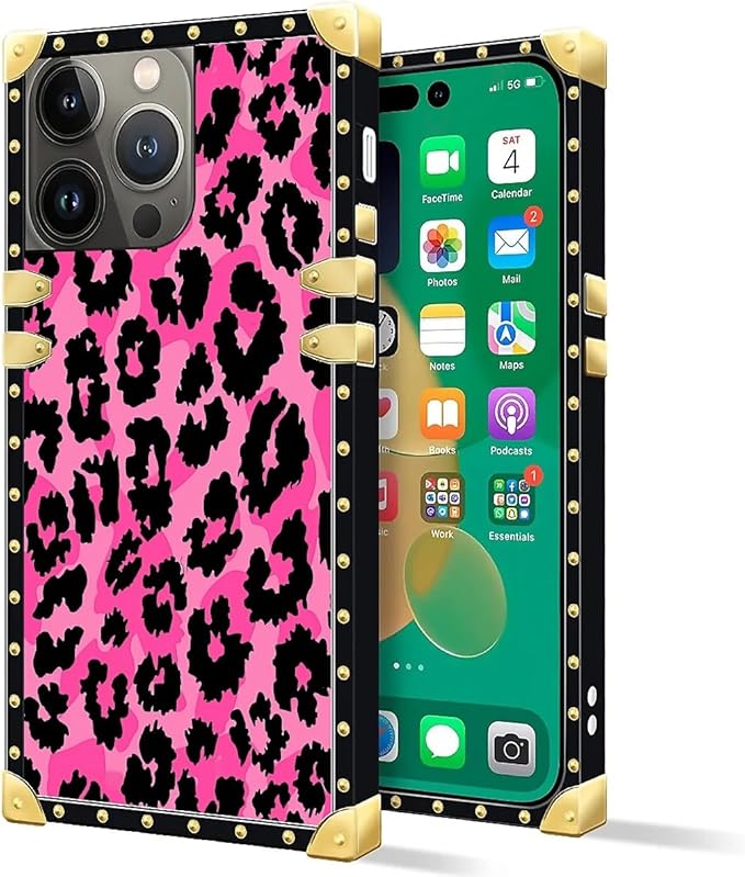 Compatible with iPhone 14 Pro Case, Pink Black Leopard Luxury Golden Decoration for Girl Women Soft TPU Shockproof Protective Hard PC Back for iPhone 14 Pro