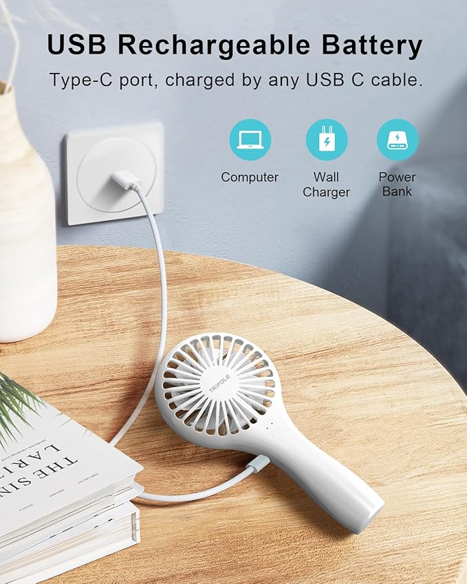TriPole Handheld Mini Fan Battery Operated Small Personal Portable Fan Speed Adjustable USB Rechargeable Fans for Kids Girls Women Men Home Office Indoor Outdoor Travelling, White