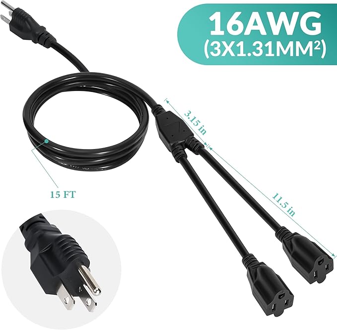 2 Way Power Cord Splitter Cable 15 Ft-3 Prong 1 to 2 Extension Cord-Outlet Saver-Elecan Male to Female Y Splitter Power Extension Cable Strip–UL Certified SJTW 16 Gauge 13 A/125 V–Black