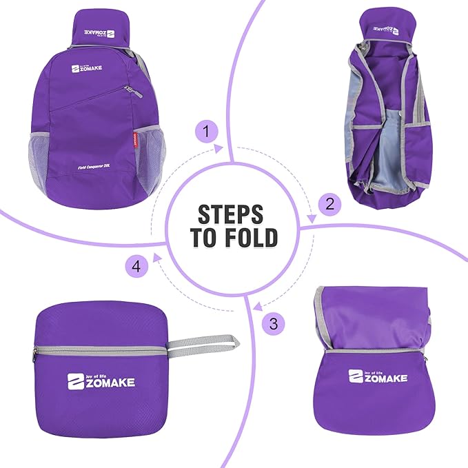 ZOMAKE Lightweight Packable Backpack 20L, Foldable Backpacks Small Daypack for Hiking Water Resistant Day Bag for Travel(Purple)