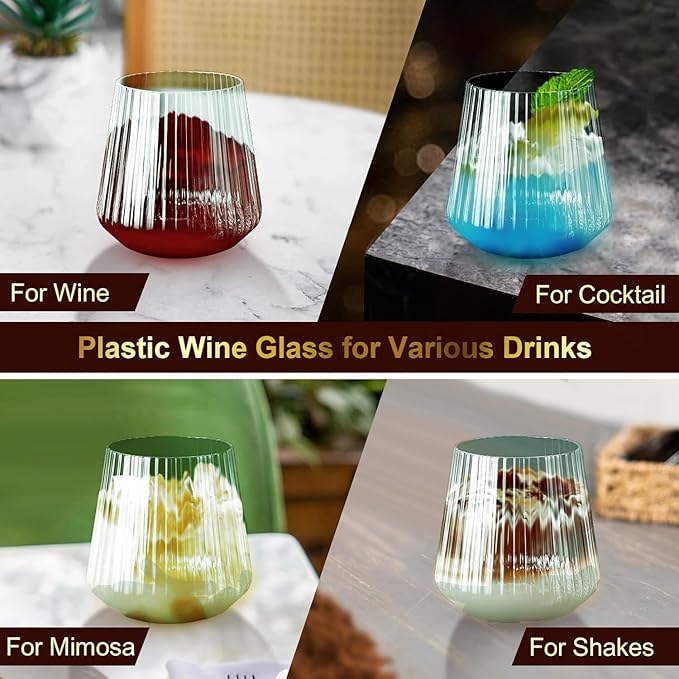 Lueumxc 40 Pack Plastic Ribbed Wine Glasses, 14Oz Origami Disposable Wine Glasses Unbreakable Clear Plastic Cocktail Glasses Recyclable Shatterproof Reusable Wine Cups (14oz-green-40pack)