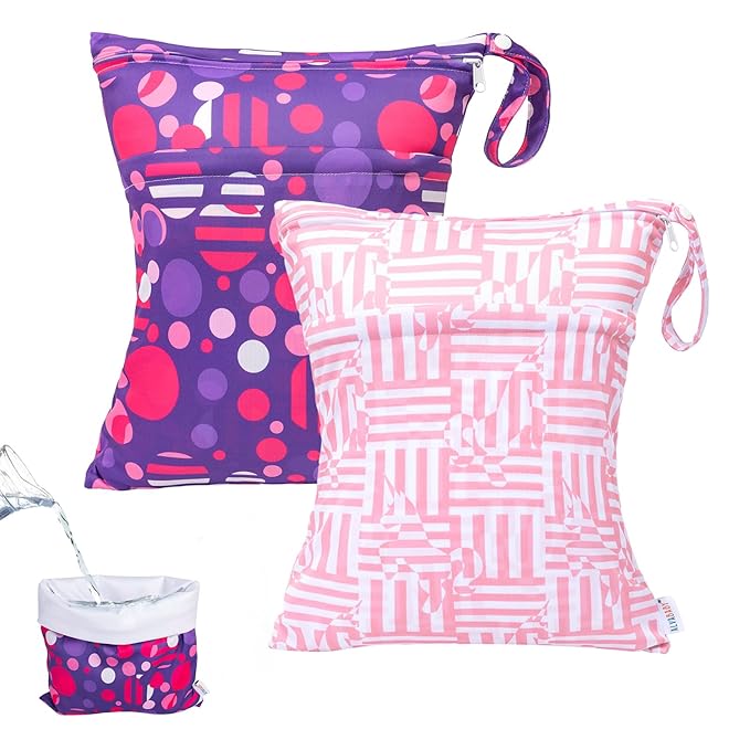 ALVABABY 2pcs Waterproof Wet Dry Bags,Reusable with Two Zippered Pockets,Baby Cloth Diaper,Travel,Beach,Pool,Daycare,Soiled Baby Items,Yoga Gym Bag,Swimsuits or Wet Clothes LW1920