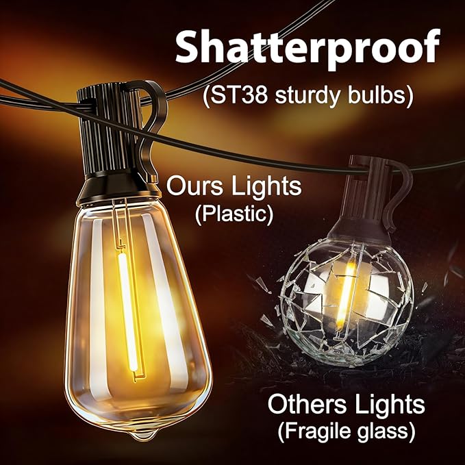 LumBelle Smart Outdoor String Lights, 100FT ST38 LED Patio Lights with Timer Remote APP Control, 42 Shatterproof LED Bulbs (2 Spare), Dimmable Waterproof Hanging Light for Backyard Porch Party Decor