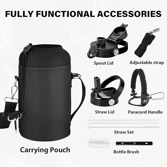 One Gallon Insulated Water Bottle, Triple Wall 128 oz Stainless Steel Wide Mouth Water Bottles (Cold for 48 Hrs), Leak Proof, Non-BPA, Large Water Flask Jug with Paracord Handle & Straw Spout Lids