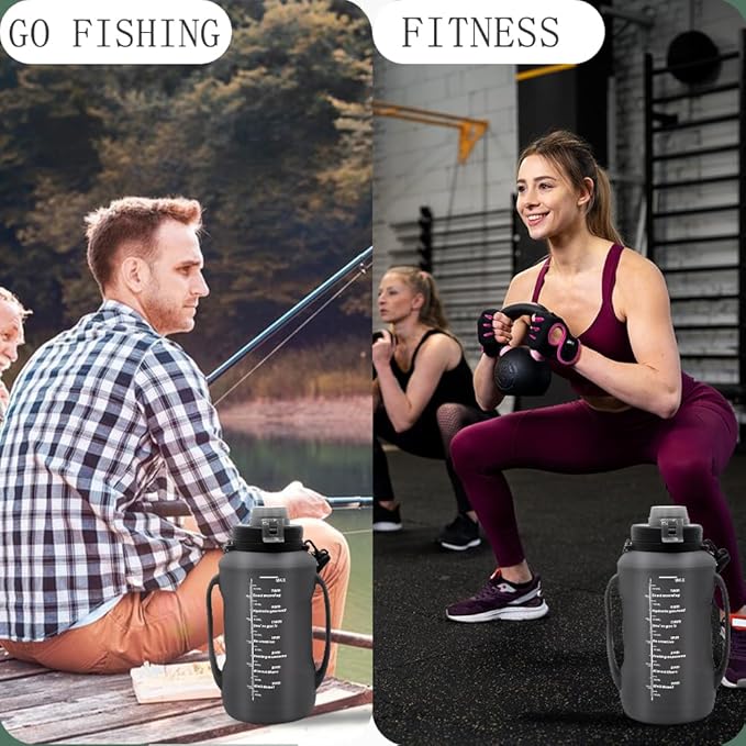 64oz Foldable Silicone Water Bottle with Straw, BPA-Free Motivational Time Marker, Leakproof Collapsible Water Jug with Handle for Gym, Sports, Camping & Outdoor Activities (Black)