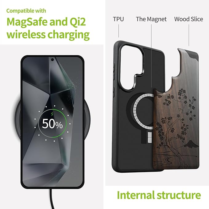 Carveit Magnetic Wooden Case for Samsung Galaxy S26 Ultra Case 2026, TPU Shockproof Cover & Wood Artisan Engraved, Compatible with MagSafe Wireless Chargers (Cherry Blossom with Mount Fuji) Blackwood