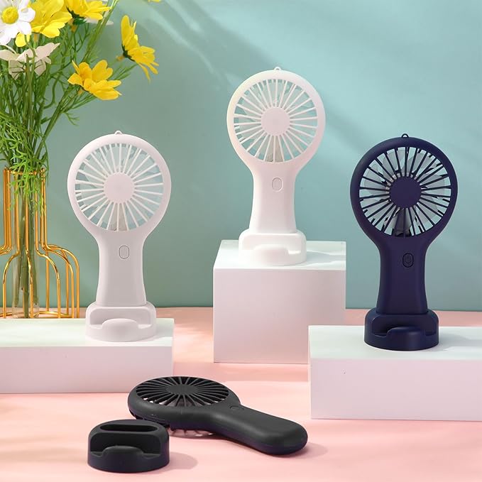 Woanger 12 Pcs Mini Handheld Fan Bulk 3 Speed USB Electric Battery Operated Small Portable Pocket Fan with Data Cable and Mounting Base Quiet Summer Gift for Wedding Camping Travel(Black White Blue)