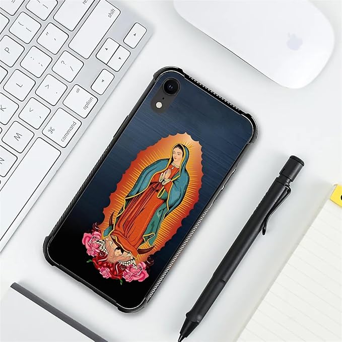 for iPhone XR Case, Red Virgen Guadalupe Pattern Graphic Design Girl Boy Soft Silicone Hard Acrylic Shock Protection for iPhone XR