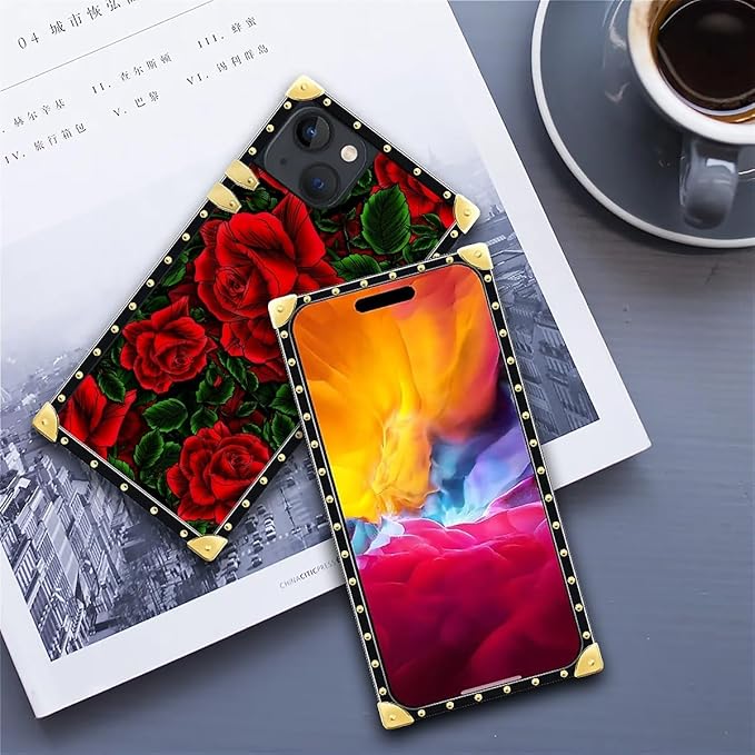 Compatible with iPhone 15 Case, Vector Red Rose Green Leaf Luxury Golden Decoration for Girl Women Soft TPU Shockproof Protective Hard PC Back for iPhone 15