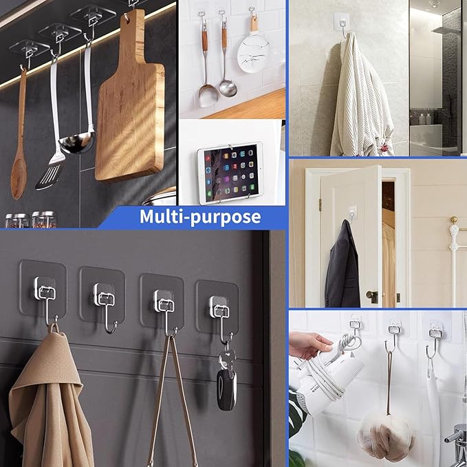 20 PCS Heavy Duty Adhesive Hooks, 33 lb Load - Bearing, Waterproof & Reusable, Ideal for Kitchen, Bathroom, Office & Home Organization