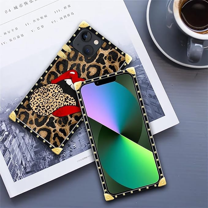 Compatible with iPhone 13 Case, Brown Leopard Print Mouth Luxury Golden Decoration for Girl Women Soft TPU Shockproof Protective Hard PC Back for iPhone 13