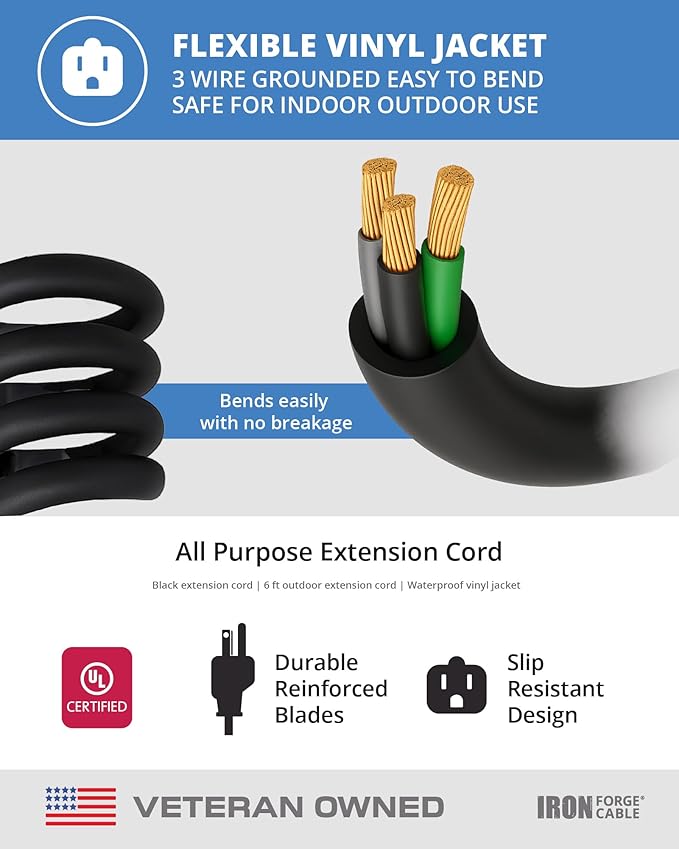 IRON FORGE CABLE 2 Pack of 6 Ft Outdoor Extension Cords - 16/3 Heavy Duty Black Extension Cord Pack