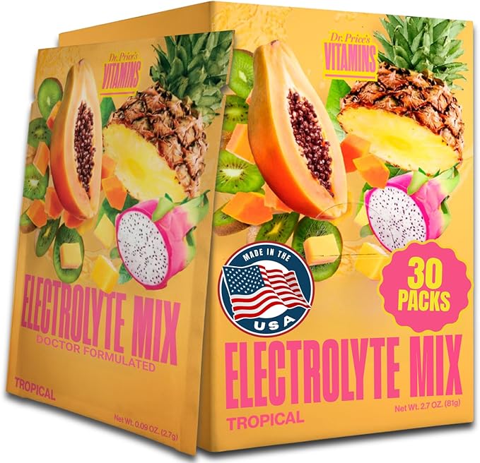 Dr. Price’s Electrolytes Hydration Powder Packets – Tropical, 30 Packs | Sugar Free Electrolyte Drink Mix, 72+ Trace Minerals, Manganese | Keto Electrolytes, Vegan, Doctor-Formulated, Made in USA