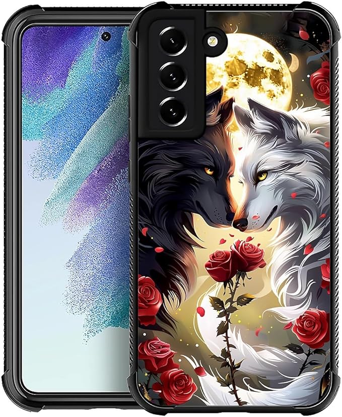 for Samsung Galaxy S22 Plus Case, Black White Wolf Moon Flower Rose Pattern Graphic Design Girl Boy Soft Silicone Hard Acrylic Shock Protection for Samsung Galaxy S22 Plus