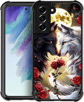 for Samsung Galaxy S22 Plus Case, Black White Wolf Moon Flower Rose Pattern Graphic Design Girl Boy Soft Silicone Hard Acrylic Shock Protection for Samsung Galaxy S22 Plus