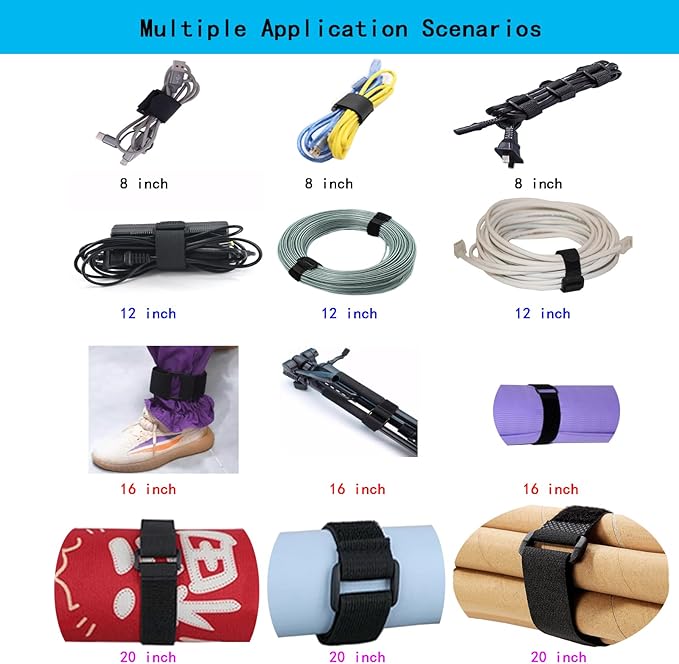 24 Pack (8"-12"-16"-20") Reusable Fastening Cable Ties and Cable Straps,Adjustable Multi-Purpose Hook and Loop Straps Nylon Cable Ties Organizer Fastener Management Wire Straps