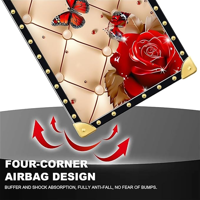 Compatible with iPhone 16 Case, Shining Red Rose Butterfly Leather Background Luxury Golden Decoration for Girl Women Soft TPU Shockproof Protective Hard PC Back