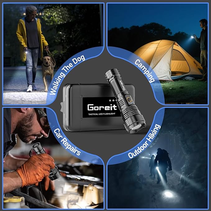 Flashlights LED High Lumens Rechargeable, Goreit 20,000 Lumens XHP70.2 Super Bright Flashlight, Flash Light Battery Powered, Powerful Handheld Flashlight with holster for Emergency Camping Hiking Gift