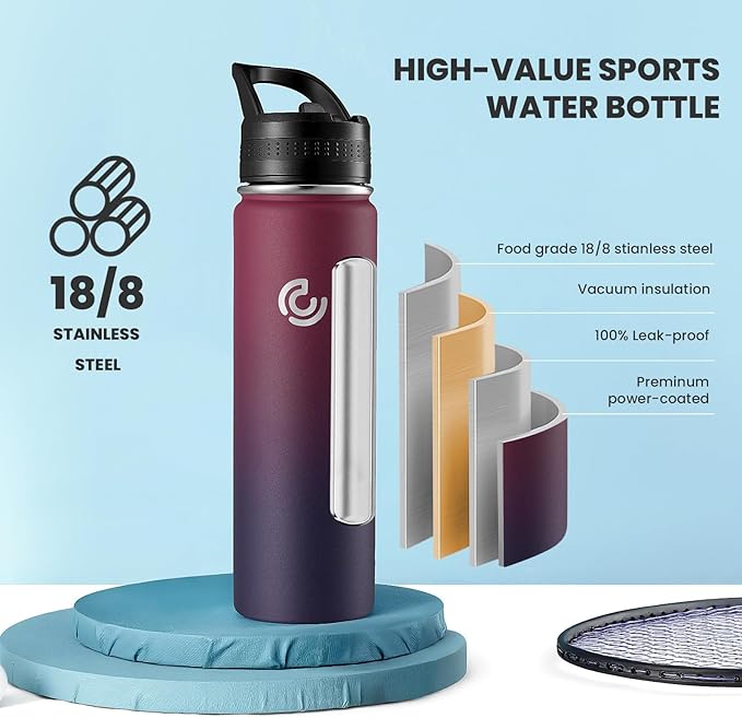 COKTIK 22oz Sports Water Bottle, Stainless Steel Water Bottle for Insulated, Reusable Travel Bottle, With Straw, With Handle Grip for Easy Carrying, Suitable for Cycling, Outdoor Vacations(Midnight)