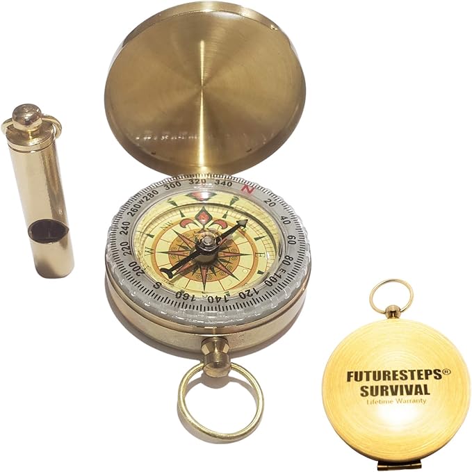 Brass Compass with Solid Brass Whistle - Survival Set - 105 Decibels - Carry in Pocket or on Necklace - Two Pieces
