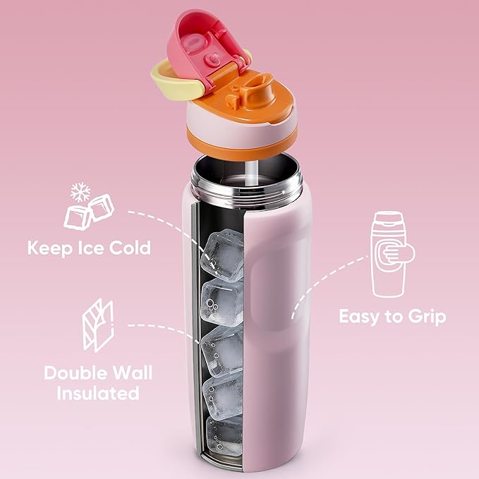 Fijinhom 24 oz Insulated Water Bottle,Stainless Steel Sports Water Bottle with Straw, Double Wall Vacuum Leak Proof, Cold for 24 Hours, BPA Free for Travel, Sport, Outdoor, Pink