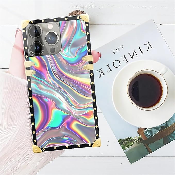 Compatible with iPhone 15 Pro Max Case, Holographic Abstract Iridescent Textures Luxury Golden Decoration for Girl Women Soft TPU Shockproof Protective Hard PC Back