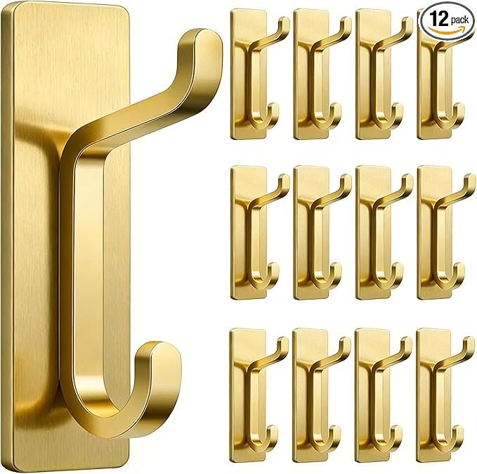 pickpiff 12 Pack Wall Hooks for Coat and Towel: 13LB Strong Adhesive Door Hanger Stick on, Brushed Gold