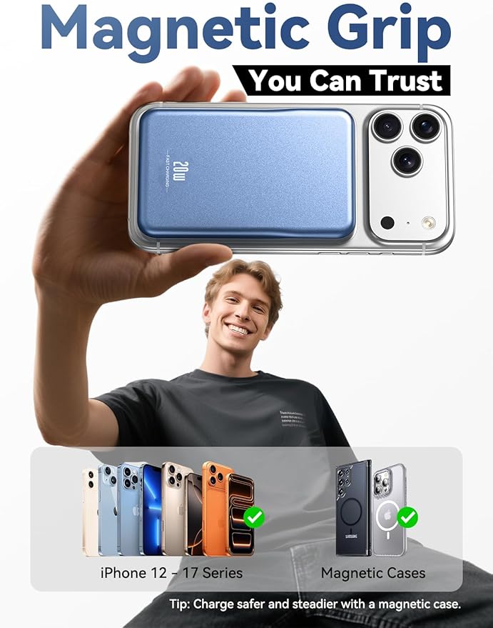 Aobbow Magnetic Portable Charger, 10000mAh for Magsafe Battery Pack, 20W Fast Charging Power Bank, Travel Essential of Wireless Charger Compatible with iPhone 17/16/15/14/13 Pro/Max/Air/Plus-DarkBlue