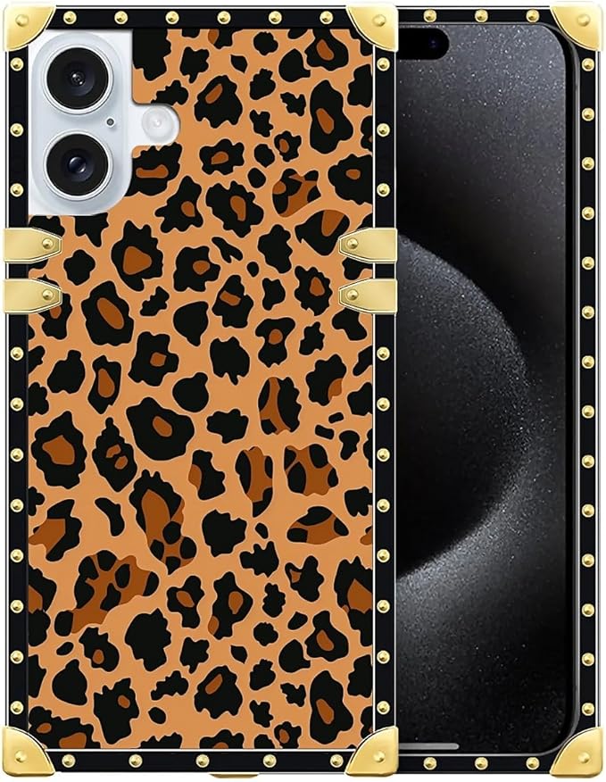 Compatible with iPhone 16 Case, Brown Leopard Texture Luxury Golden Decoration for Girl Women Soft TPU Shockproof Protective Hard PC Back