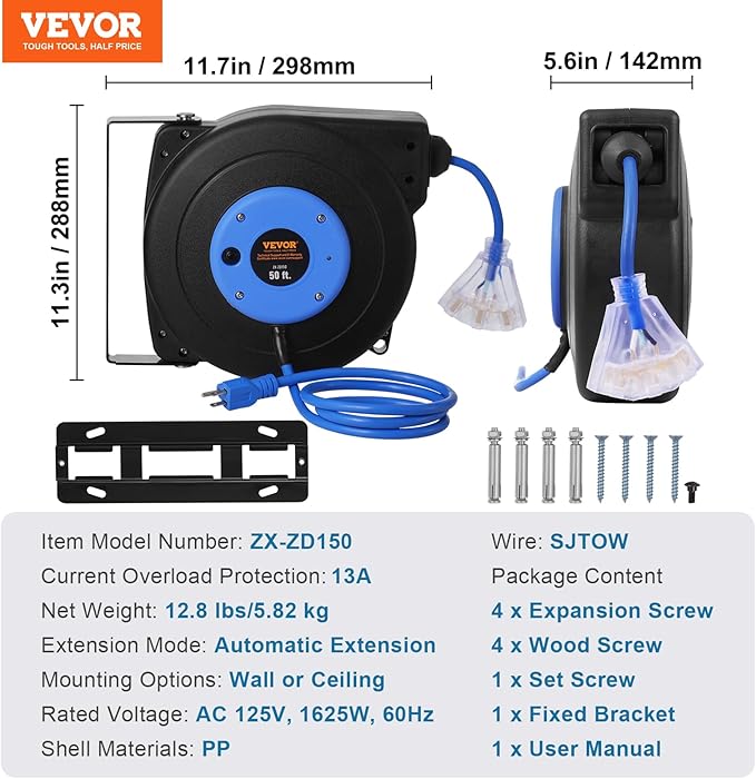 VEVOR Retractable Extension Cord Reel, 50 FT, Heavy Duty 14AWG/3C SJTOW Extension Power Cord with Lighted Triple Tap Outlet, 13A Circuit Breaker 180° Swivel Bracket for Ceiling or Wall Mount, Blue