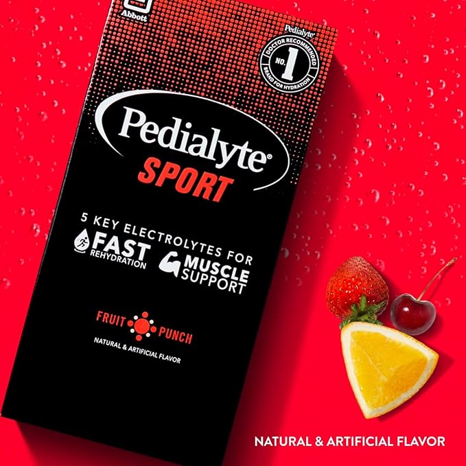 Pedialyte Sport Electrolyte Powder, Fast Hydration with 5 Key Electrolytes for Muscle Support Before, During, & After Exercise, Fruit Punch, 0.49 Oz Sachets 6 Count (Pack of 6)