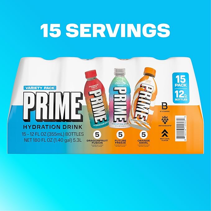 PRIME HYDRATION Variety, Dragonfruit Fusion, Orange Swirl, & Future Freeze Sports Drinks, Electrolyte Enhanced to Replenish Fluids, Zero Added Sugar, B Vitamins, Antioxidants, 12 Fl Oz, 15 Pack