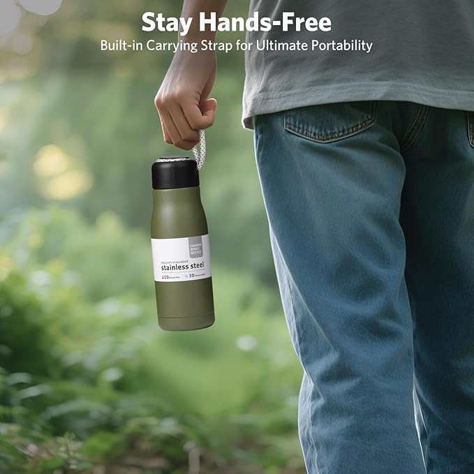 Small Water Bottle 12 oz, Dusgut Insulated Water Bottle, Stainless Steel, Wide Mouth Portable Lid, Army Green